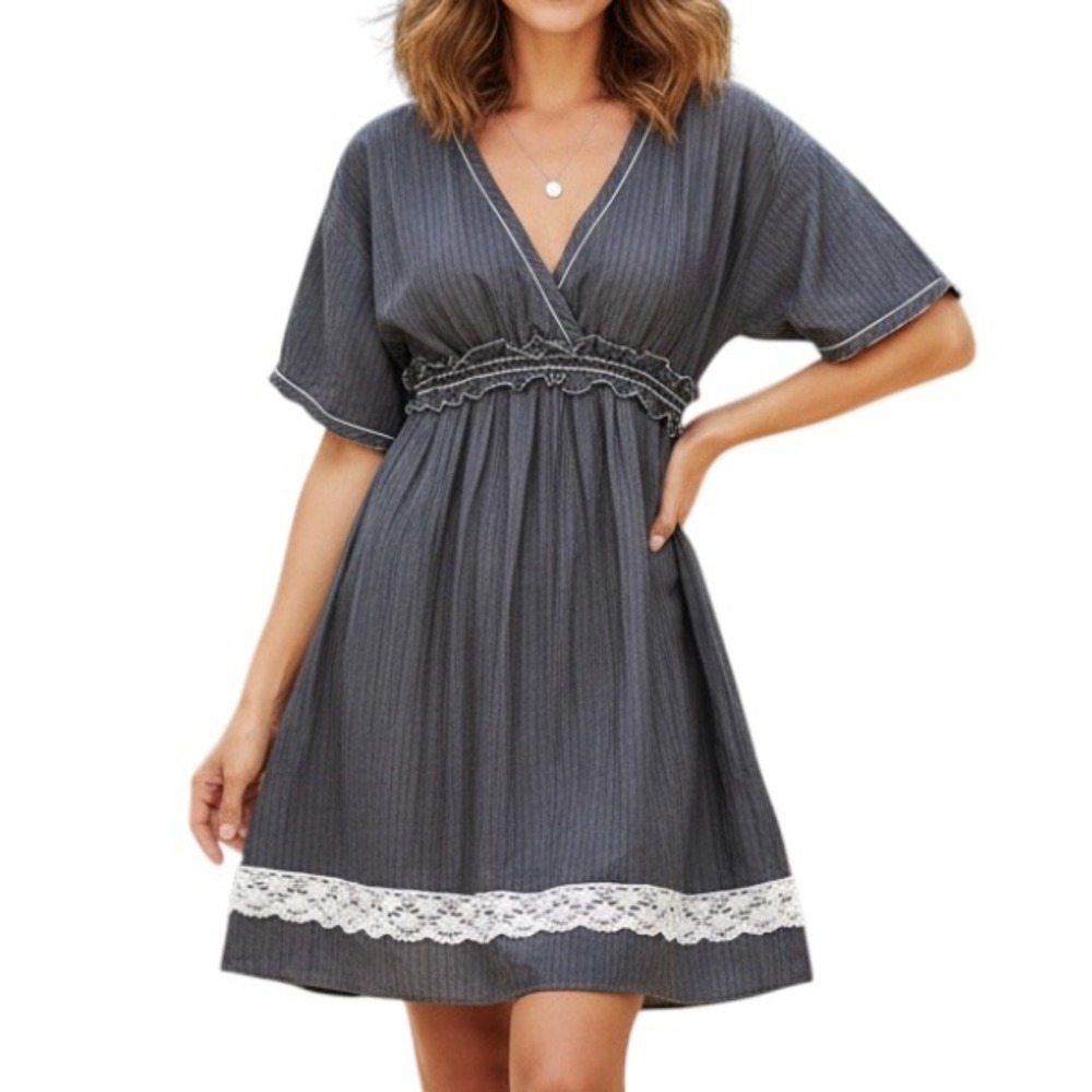 CHELSEA & VIOLET Peasant Dress DARK GRAY Lined Cotton/Silk Twill LACE TRIM sz XS